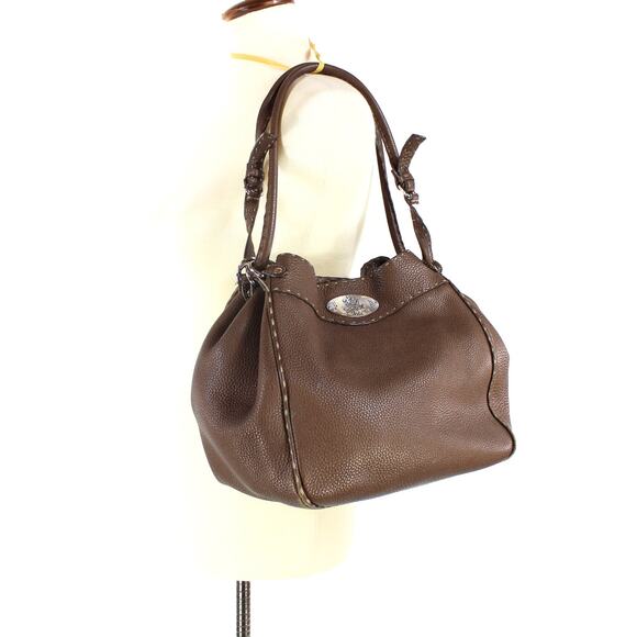 FENDI Selleria Lavorazione A Mano Bronze Pebbled Leather Satchel Handbag Bucket - Picture 2 of 10